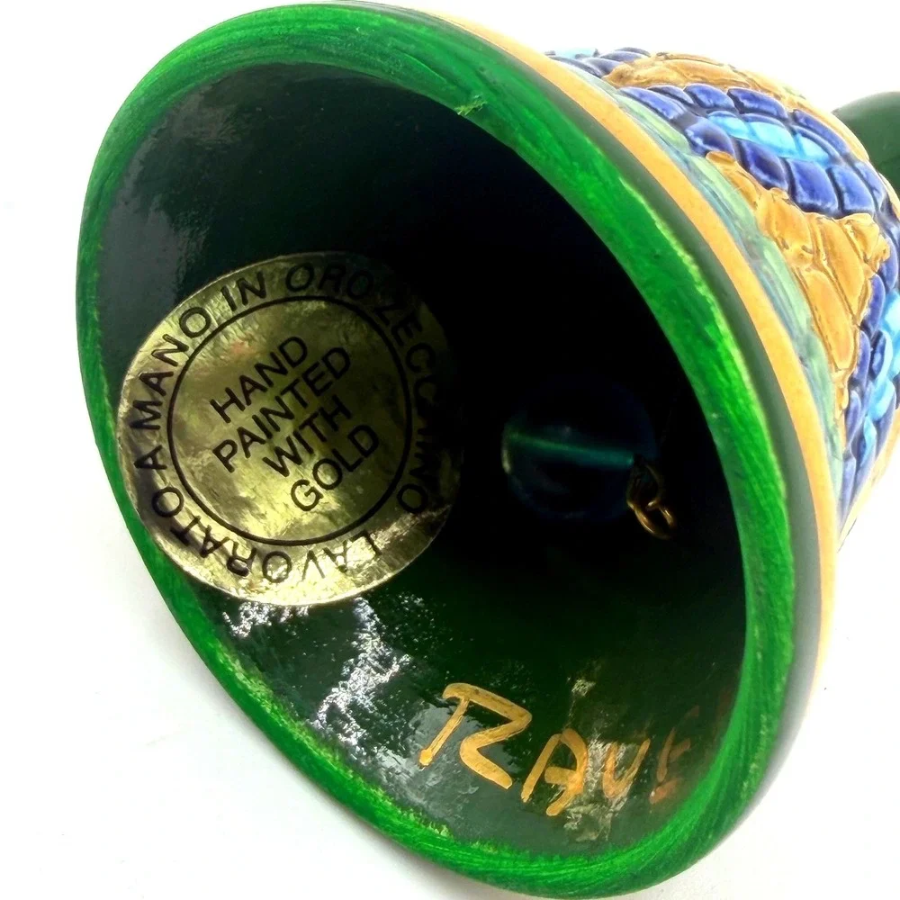 Ravenna Italy Hand Painted Ceramic Mosaic Bell Gold Accents Signed Green Blue